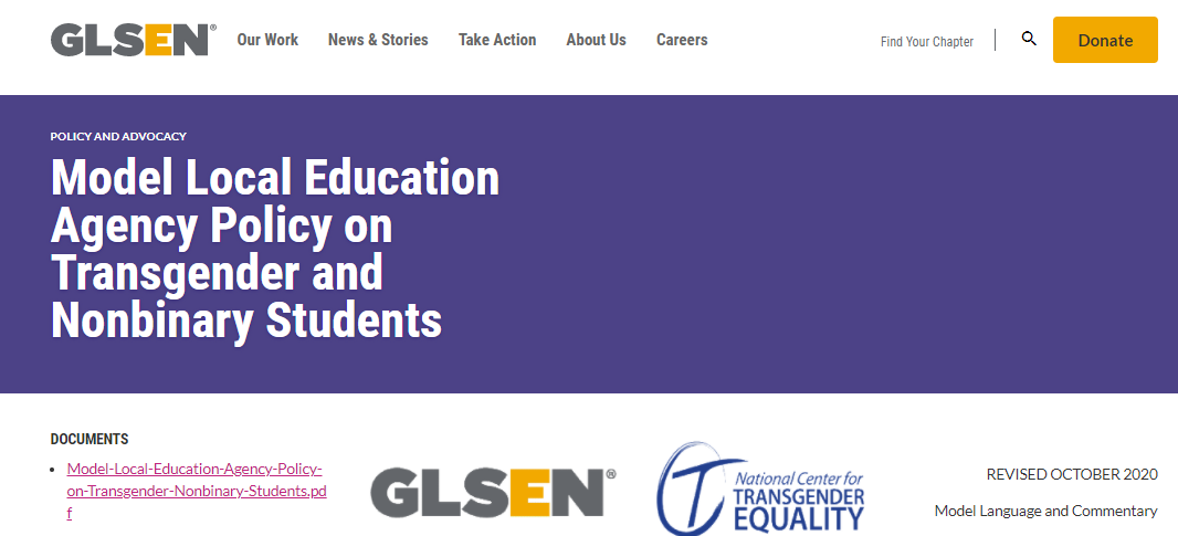 Screenshot of webpage: Model Local Education Agency Policy on Transgender and Nonbinary Students