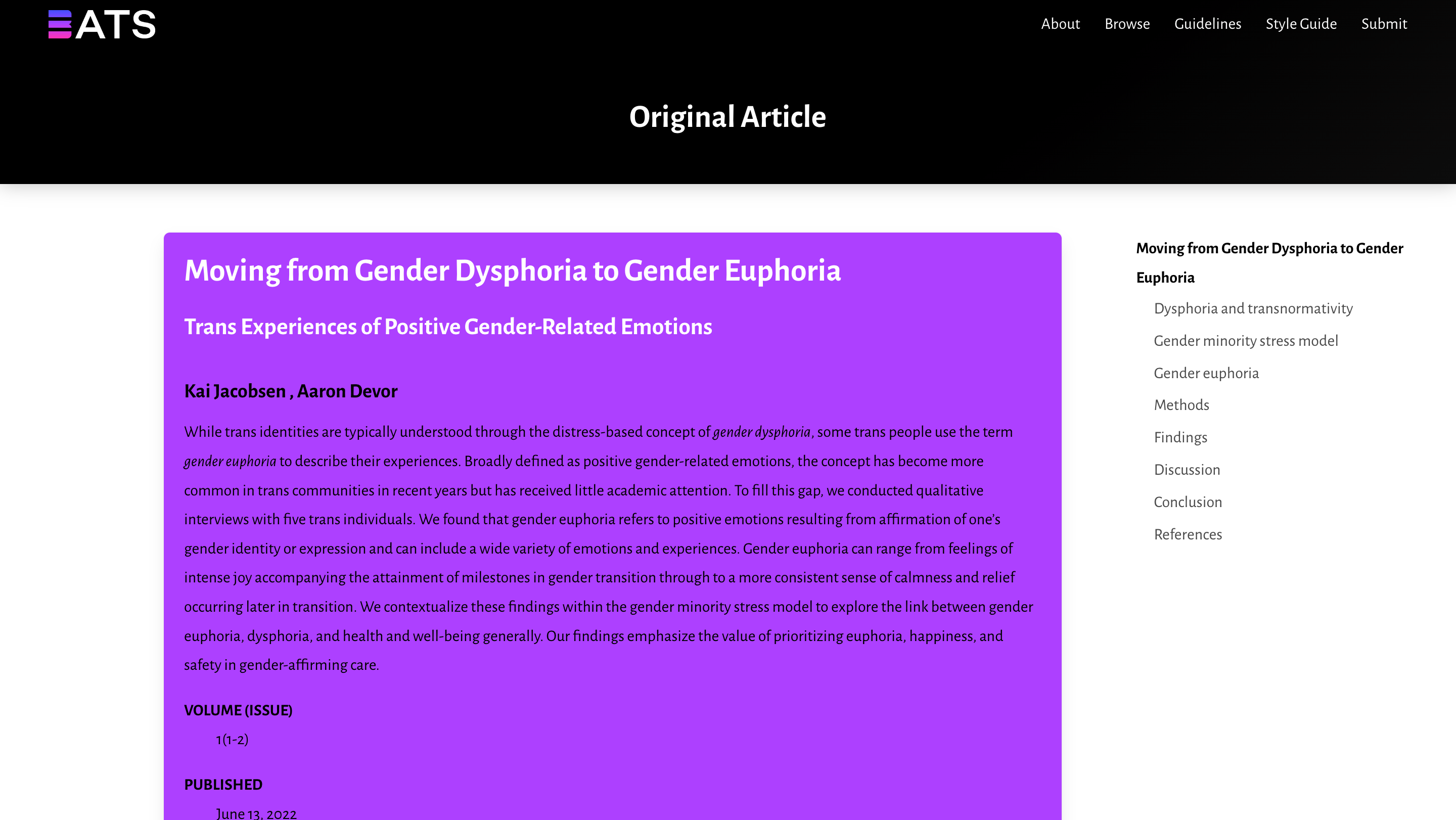 Screen capture of Moving from Gender Dysphoria to Gender Euphoria article