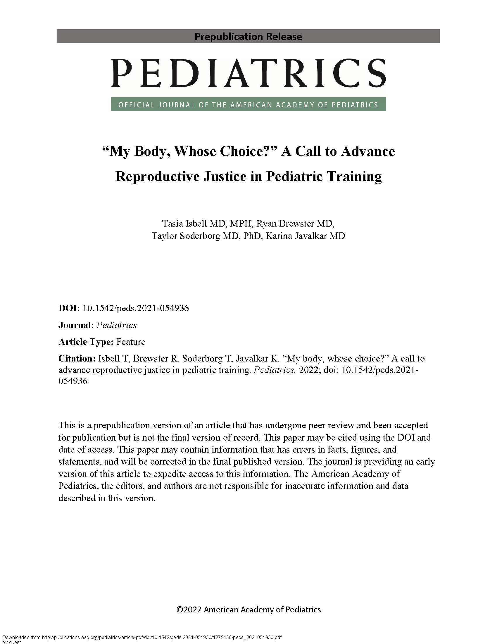 PDF Cover: My Body, Whose Choice? A Call to Advance Reproductive Justice in Pediatric Training