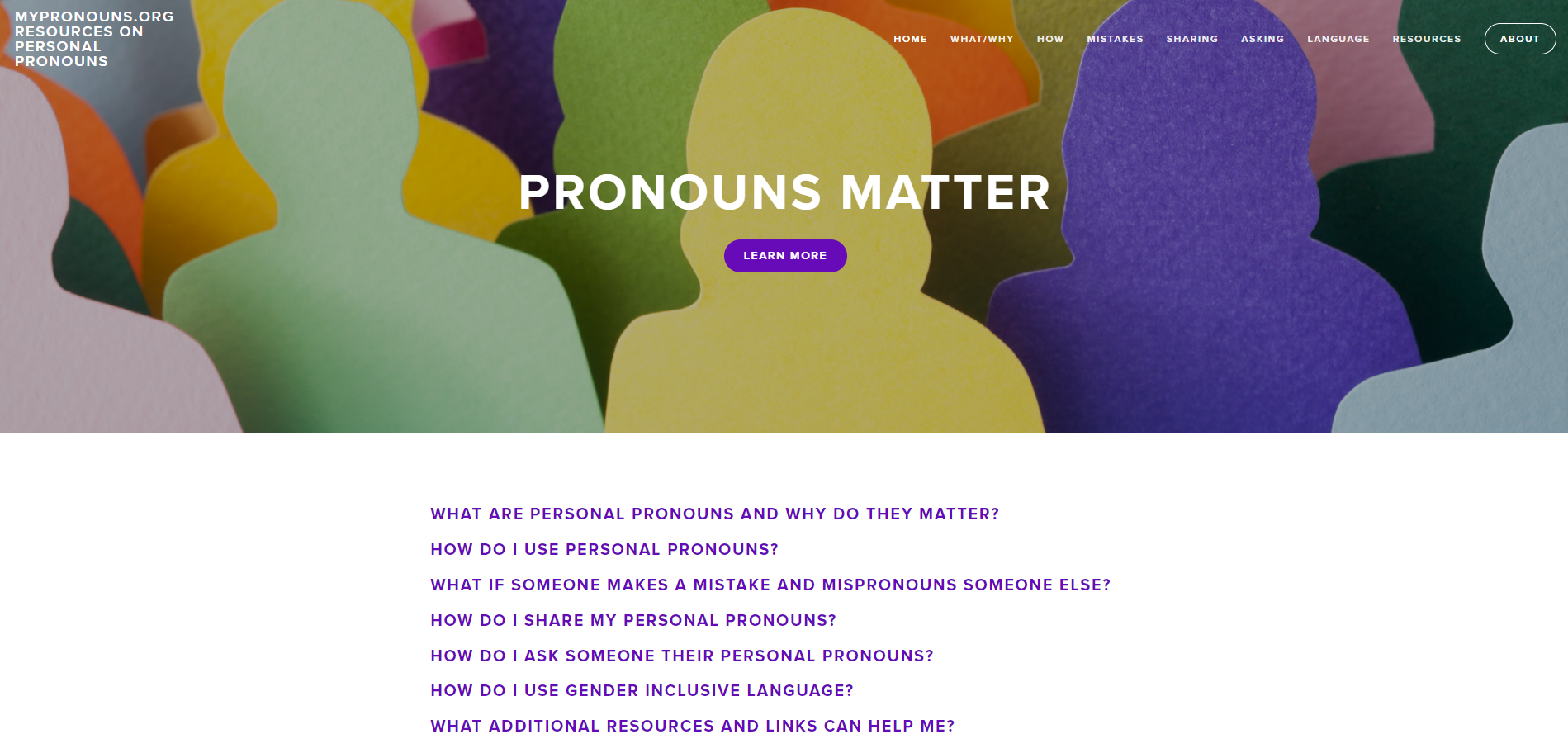 Screenshot of the home page of MyPronouns.org