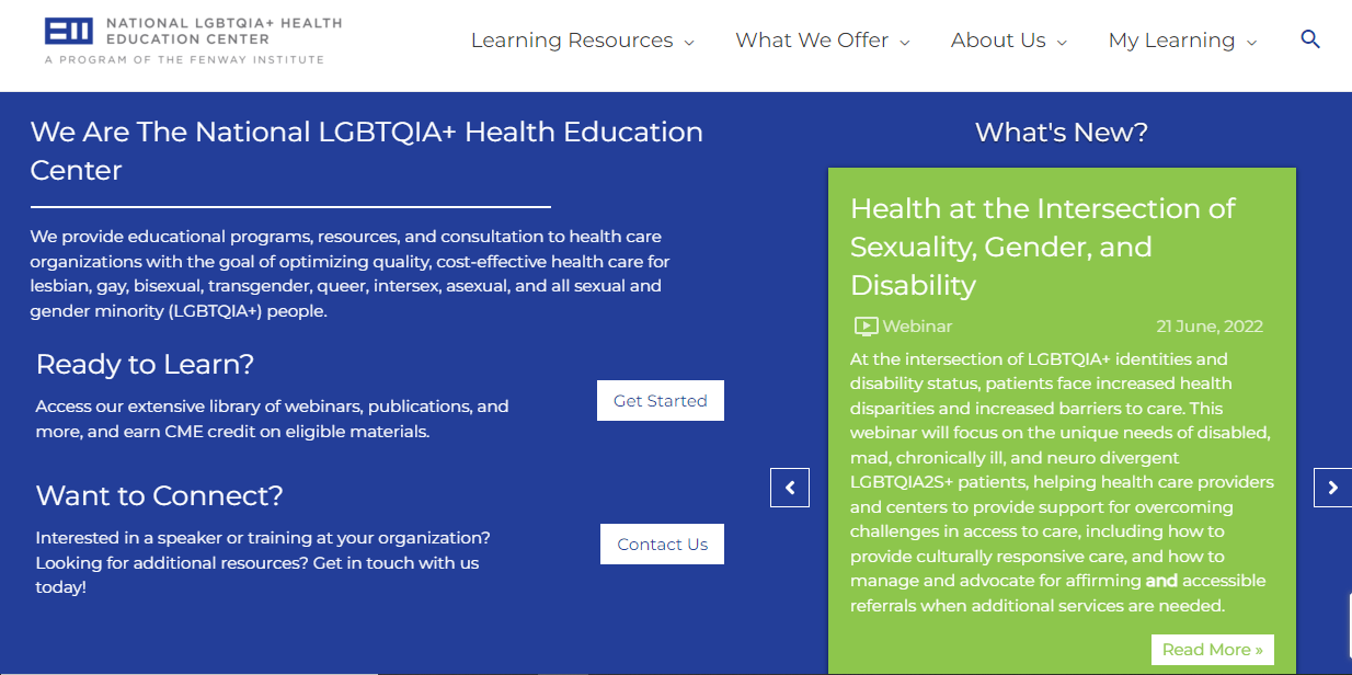 Screenshot of website cover page: LGBTQIA+ Health Education Center