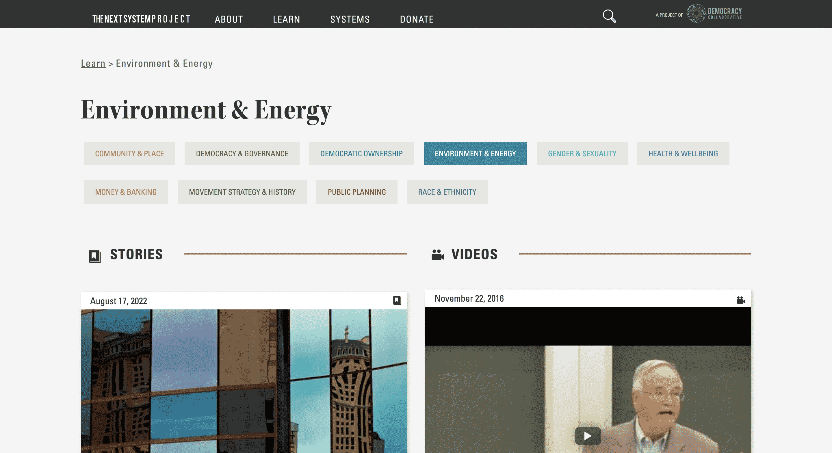 Screen capture of The Next System Project: Environment and Energy