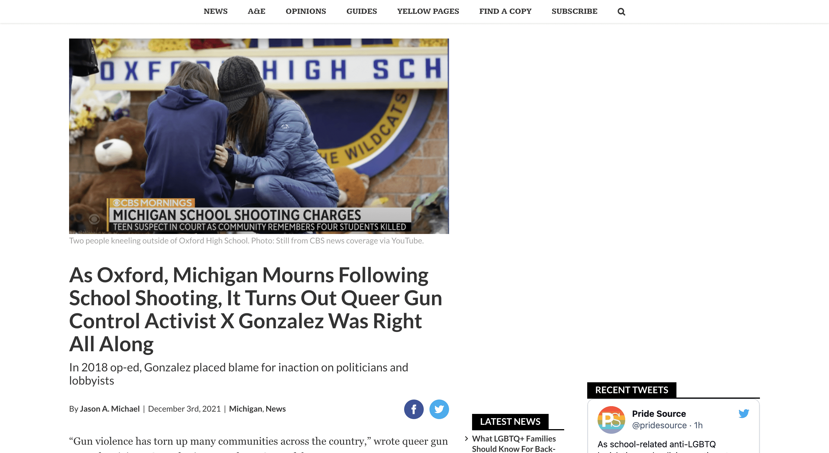 Screen capture of As Oxford, Michigan Mourns Following School Shooting, It Turns Out Queer Gun Control Activist X Gonzalez Was Right All Along