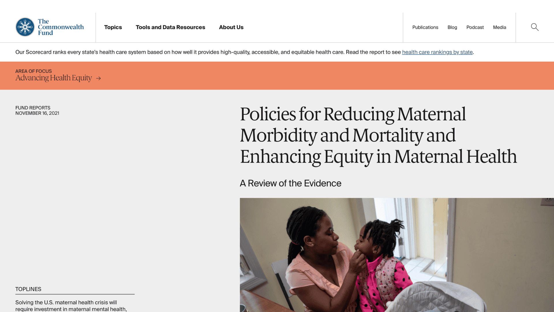 Screen capture of Policies for Reducing Maternal Morbidity and Mortality and Enhancing Equity in Maternal Health report