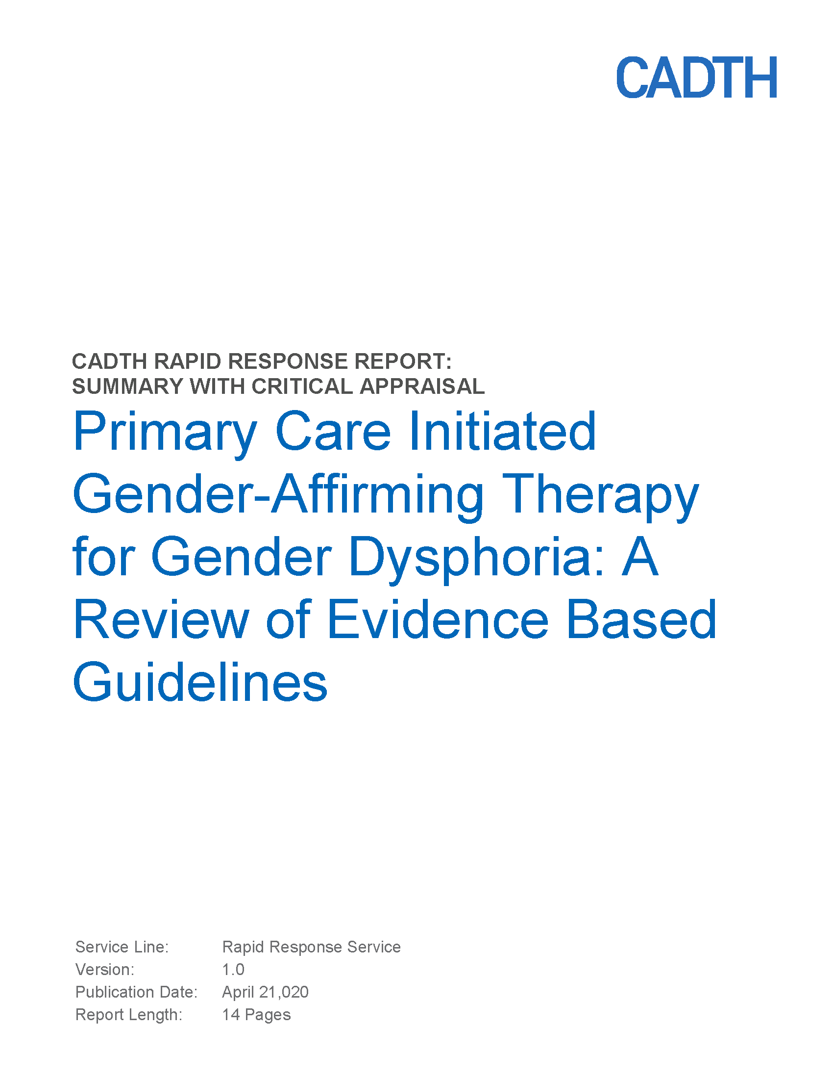 Cover of PDF Guidelines: Primary Care Initiated Gender-Affirming Therapy for Gender Dysphoria: A Review of Evidence Based Guidelines