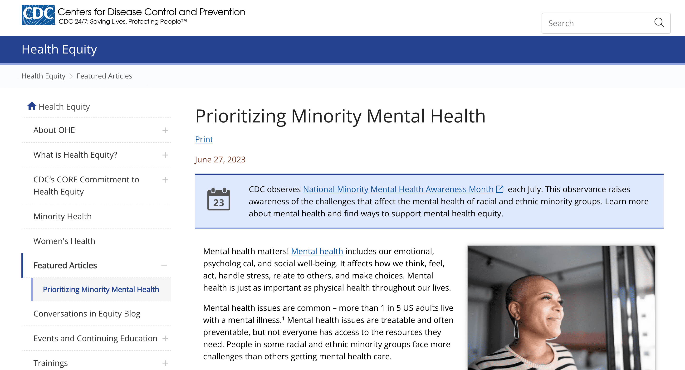 Screen capture of Prioritizing Minority Mental Health webpage