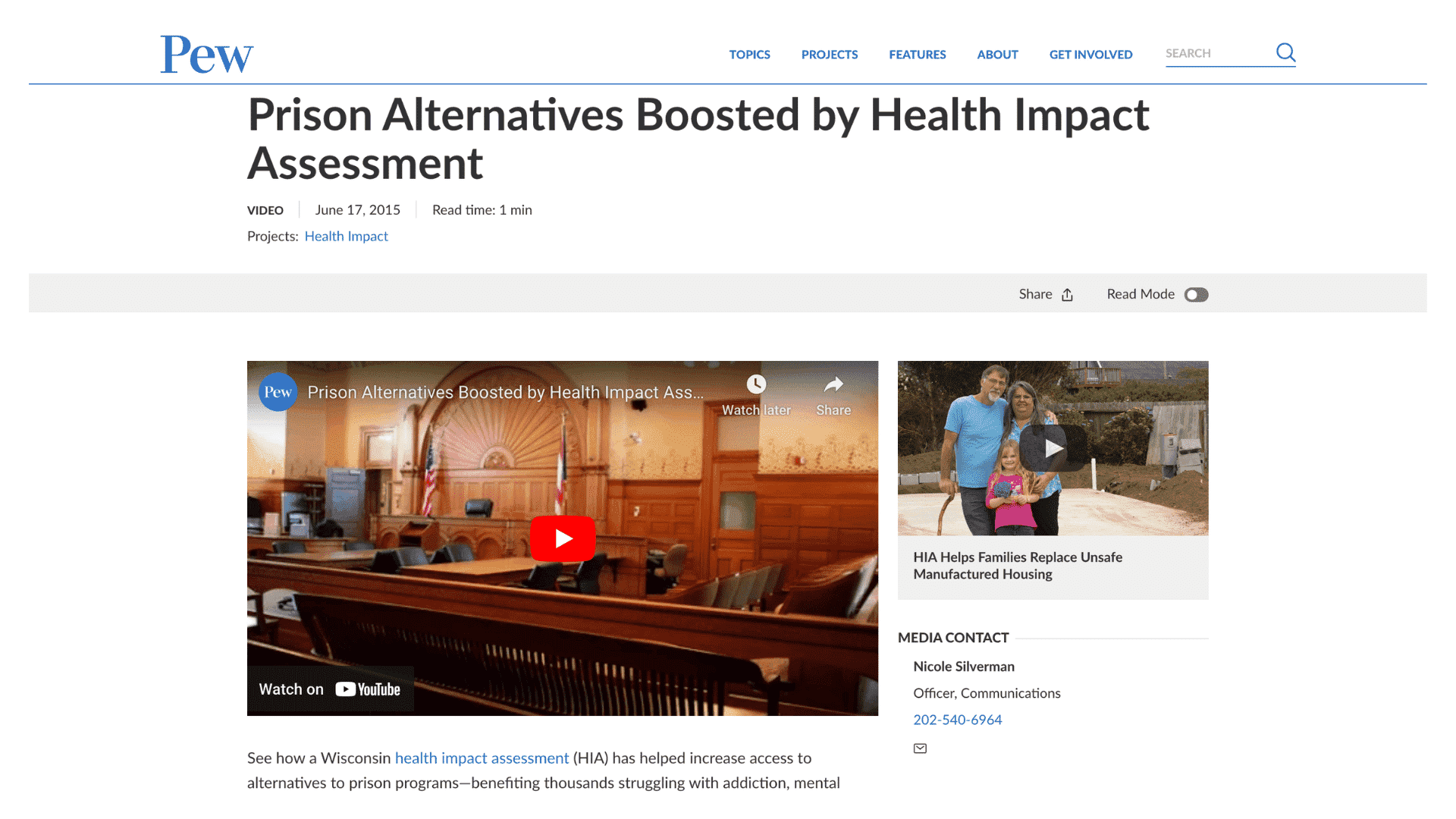 Screen capture of Prison Alternatives Boosted by Health Impact Assessment webpage