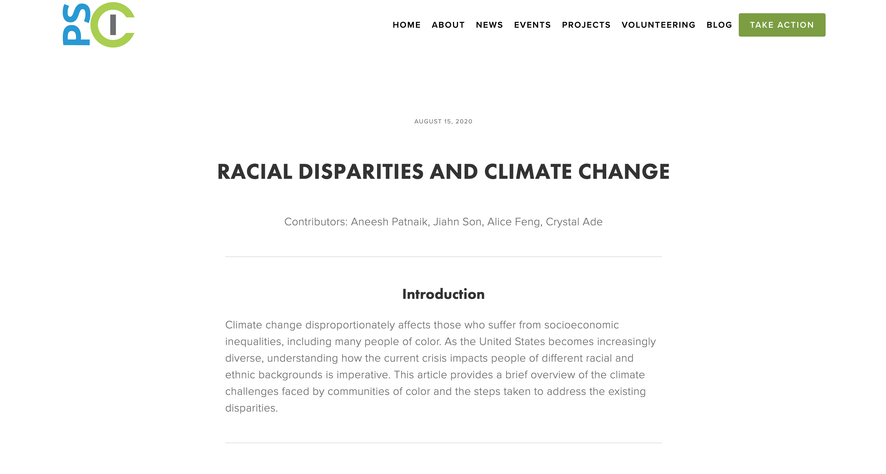 Screen capture of Racial Disparities and Climate Change blog post