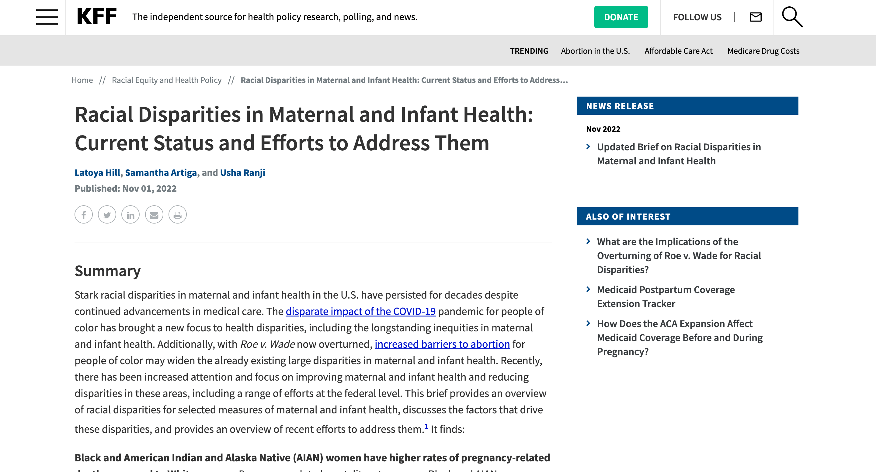 Screen capture of Racial Disparities in Maternal and Infant Health: Current Status and Efforts to Address Them brief