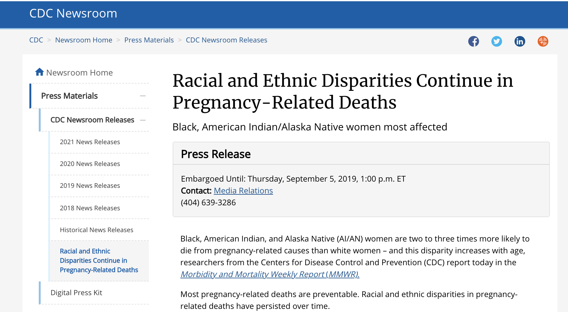 Screen grab of Racial and Ethnic Disparities Continue in Pregnancy-Related Deaths