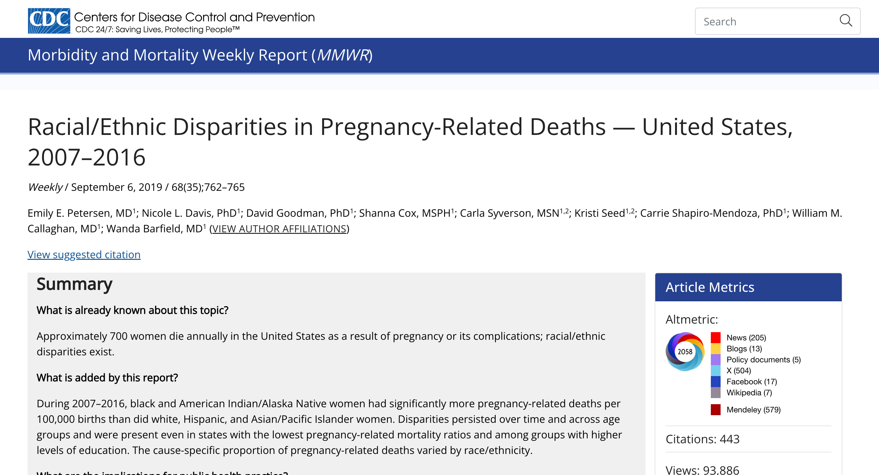 Screen capture of Racial/Ethnic Disparities in Pregnancy-Related Deaths — United States, 2007–2016 webpage