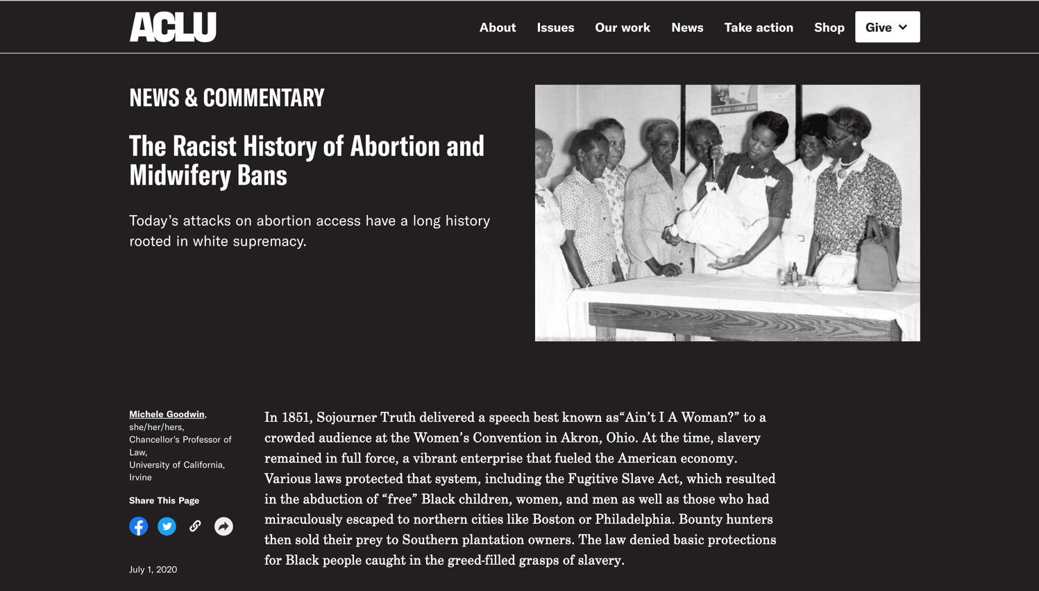 Screen shot of cover of story: The Racist History of Abortion and Midwifery Bans