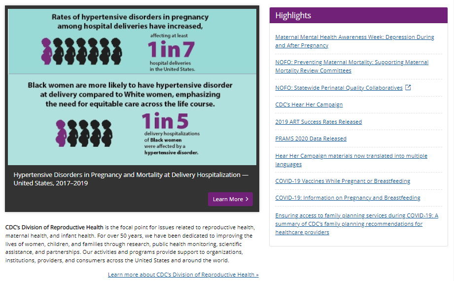 Screen shot of highlights section: Reproductive Health