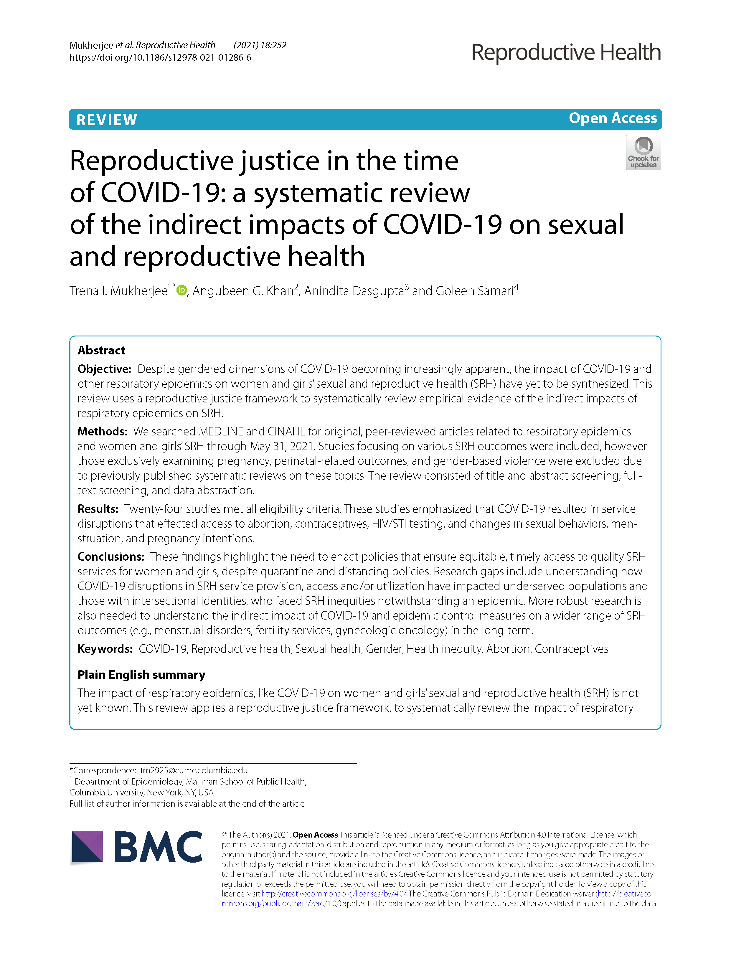 PDF Cover: Reproductive Justice in the Time of Covid-19: A Systematic Review of the Indirect Impacts of Covid-19 on Sexual and Reproductive Health