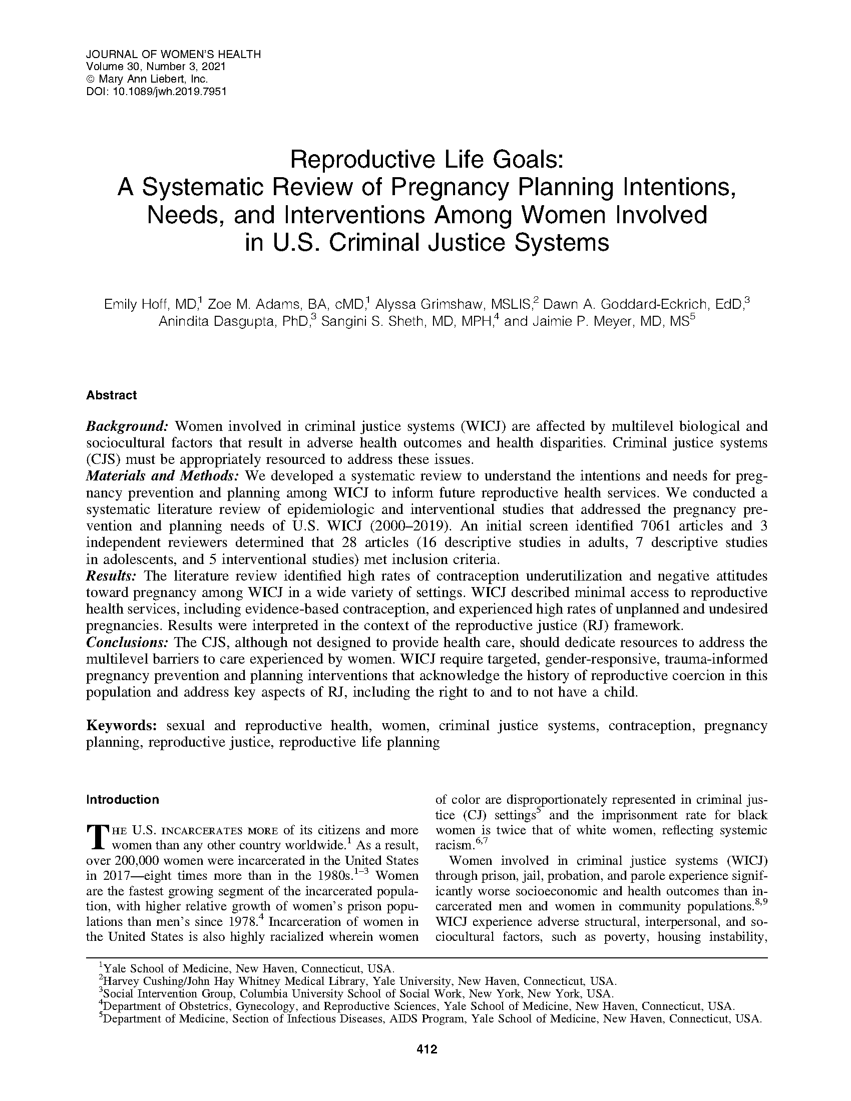 PDF Cover: Reproductive Life Goals: A Systematic Review of Pregnancy Planning Intentions, Needs, and Interventions Among Women Involved in U.S. Criminal Justice Systems