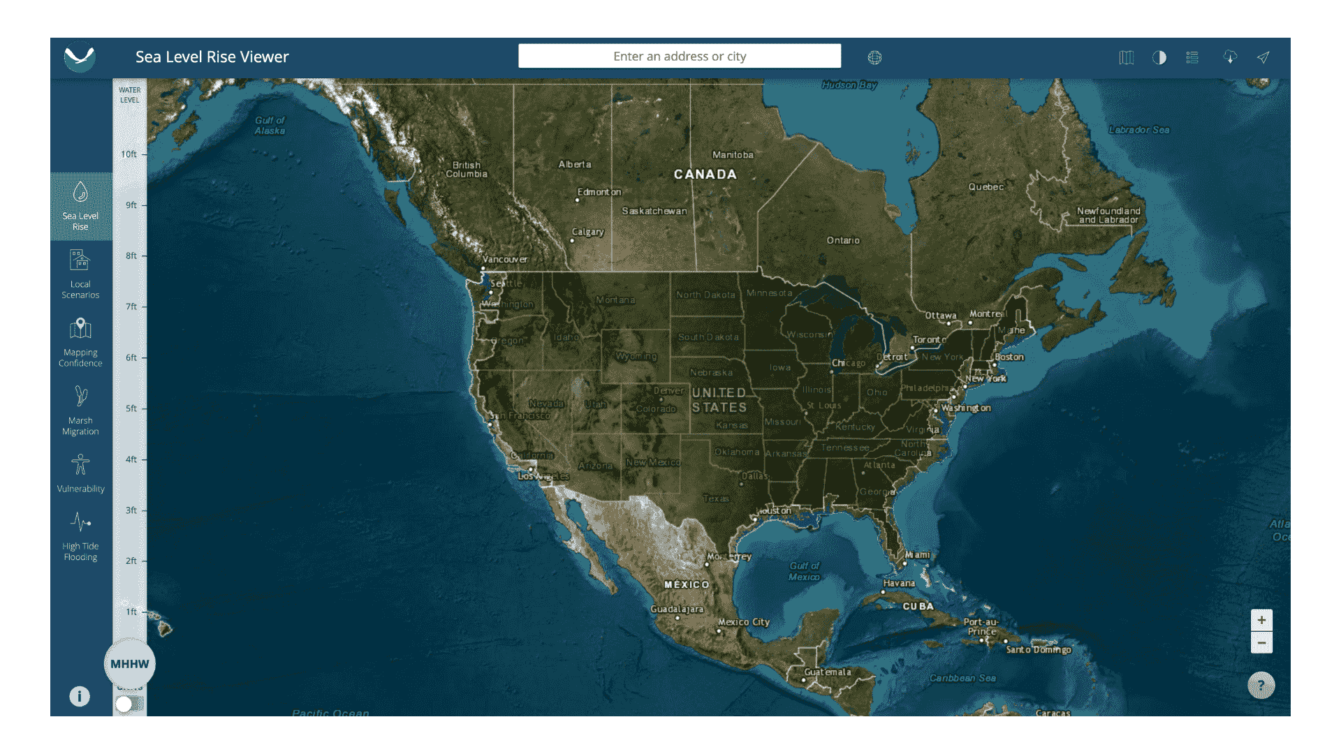 Screen capture of the Sea Level Rise Viewer mapping tool