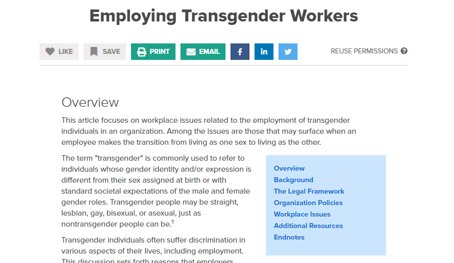 Screenshot of webpage: Employing Transgender Workers: Laws, Policies, and Issues