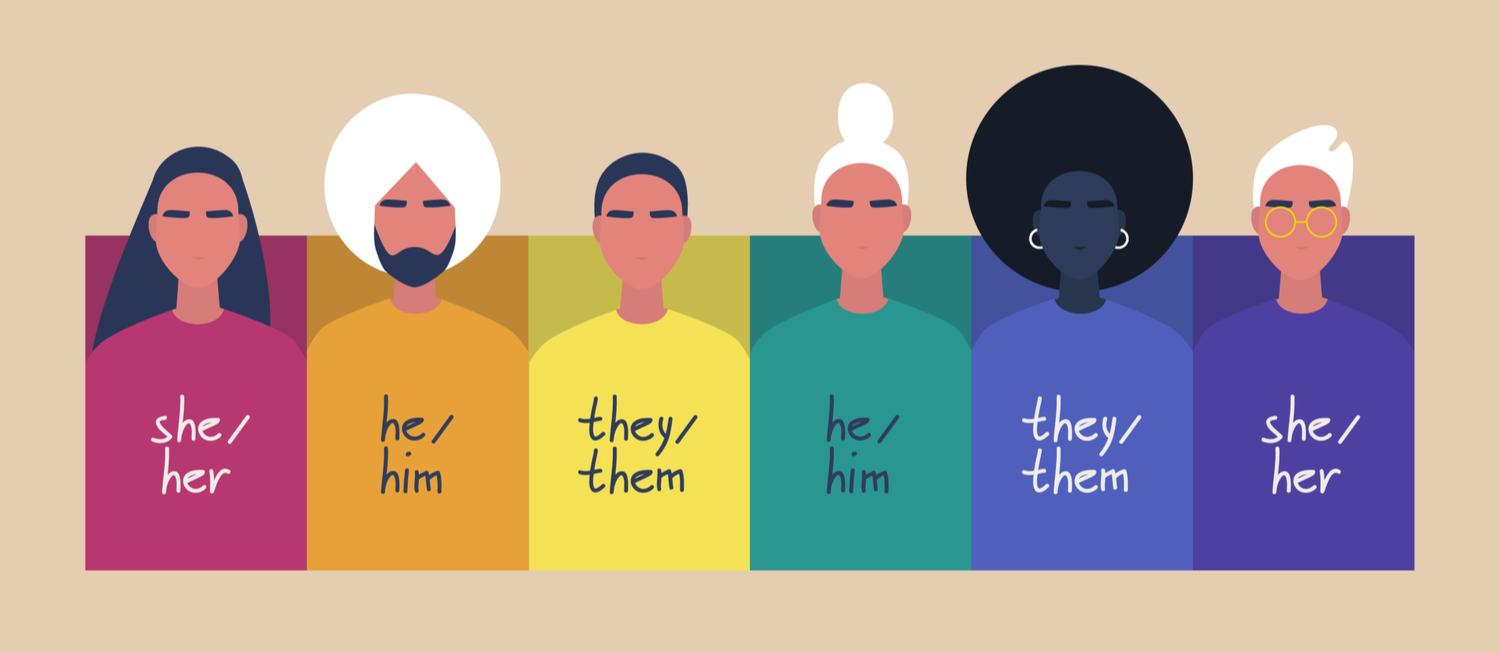 Illustration of six people standing side-by-side, each with a different color shirt (red, orange, yellow, green, blue, purple) and their pronouns written across their chest.