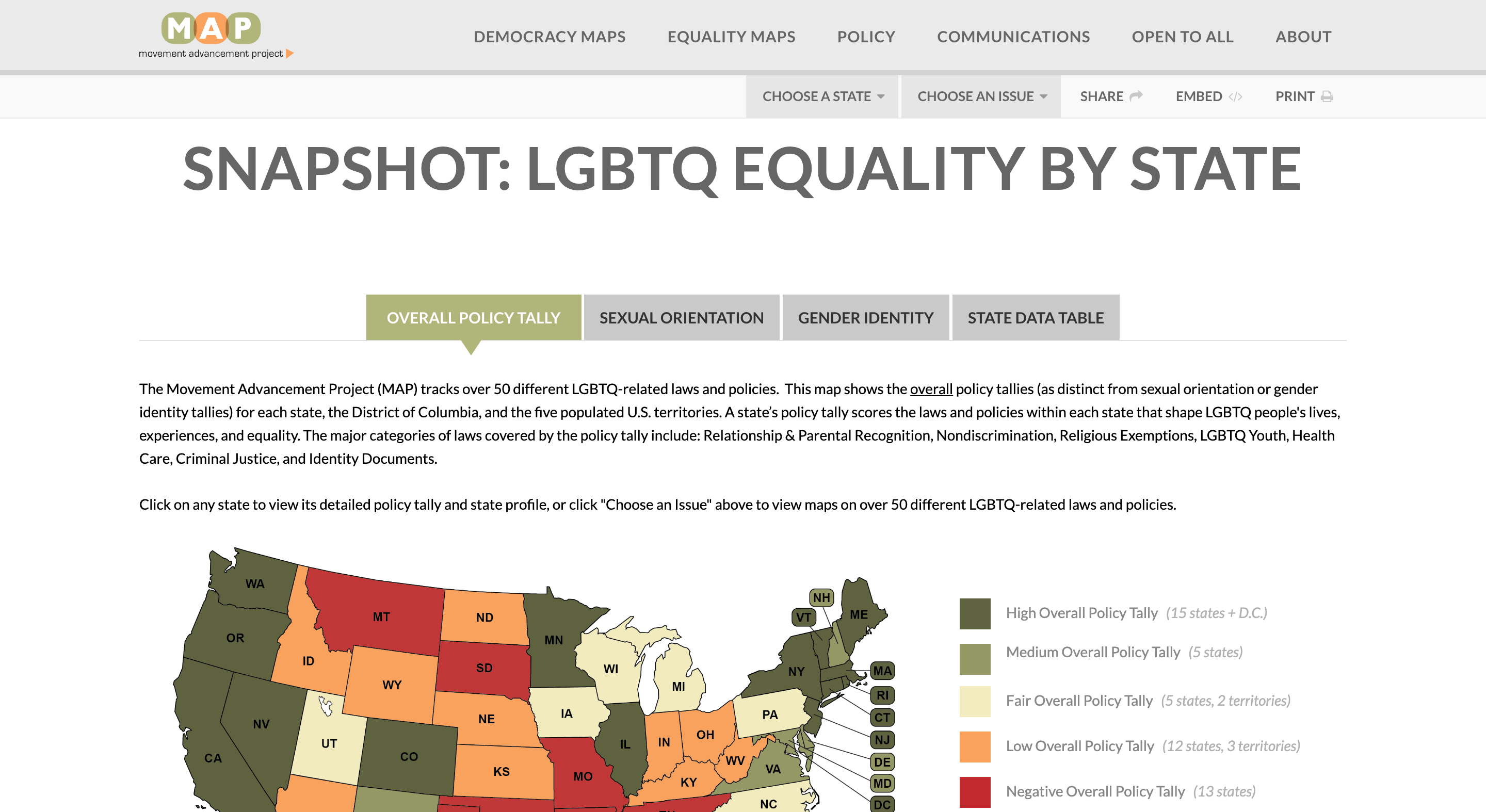 Screen capture of Snapshot: LGBTQ Equality by State webpage