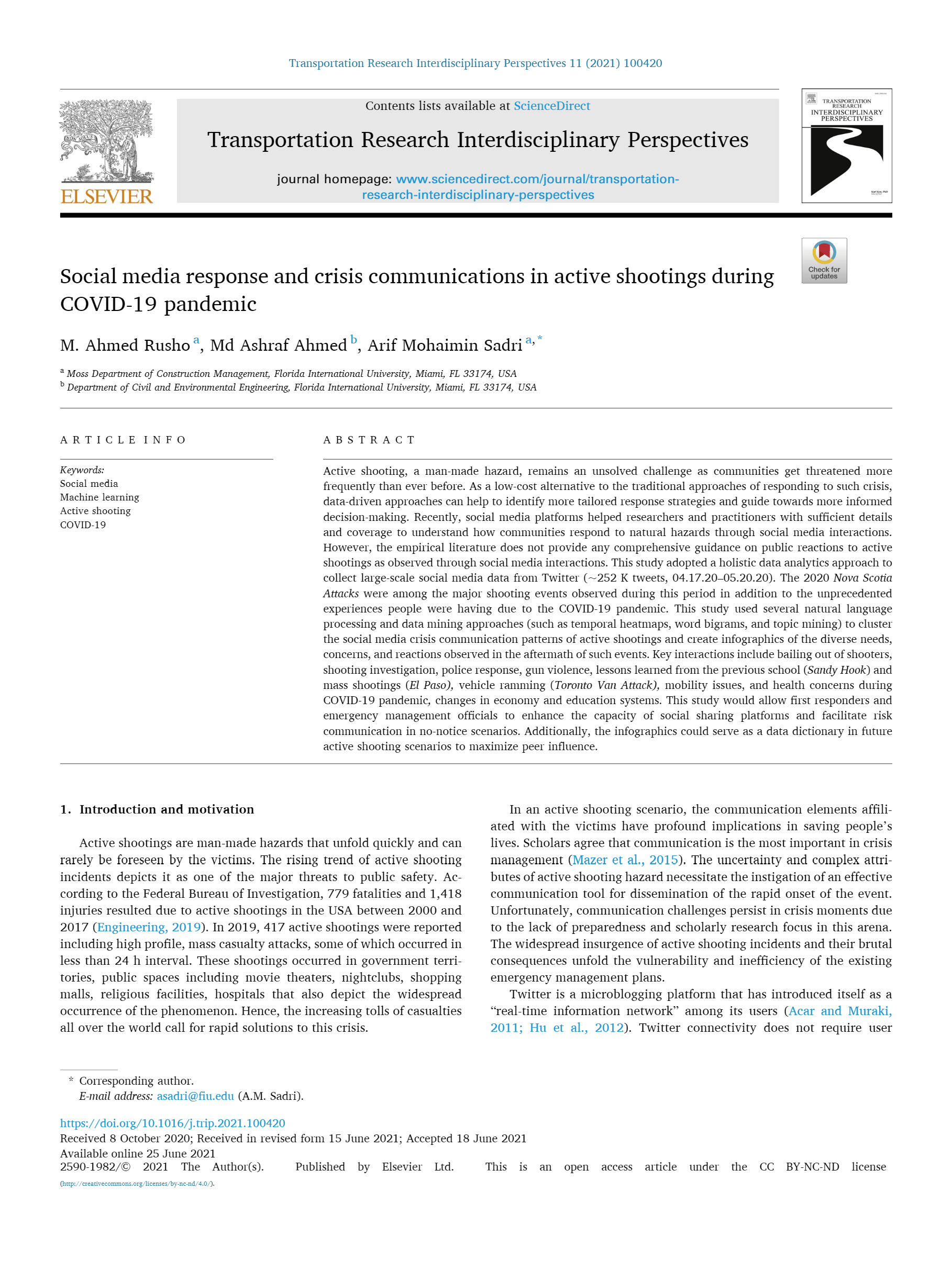PDF Cover Page: Social Media Response and Crisis Communications in Active Shootings During Covid-19 Pandemic