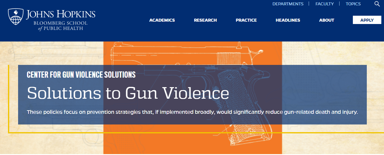 Screen shot of top of web page: Solutions to Gun Violence
