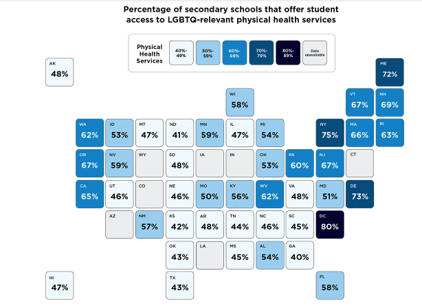 Screenshot of report map: State-Level Data Show Schools Can Facilitate LGBTQ Students' Access to Relevant Physical Health Services