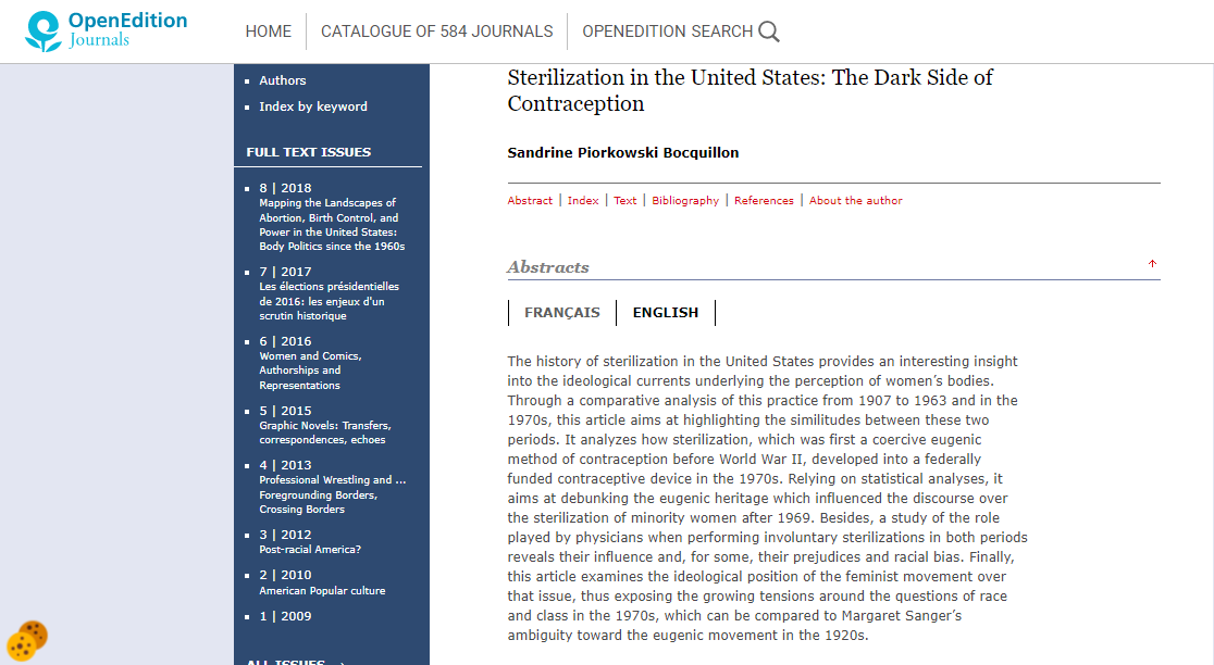 Screen shot of beginning of article: Sterilization in the United States: The Dark Side of Contraception