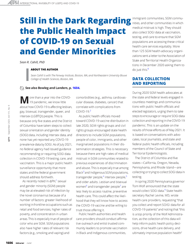 Screen Capture of APHA Article Cover: Still in the Dark Regarding the Public Health Impact of COVID
