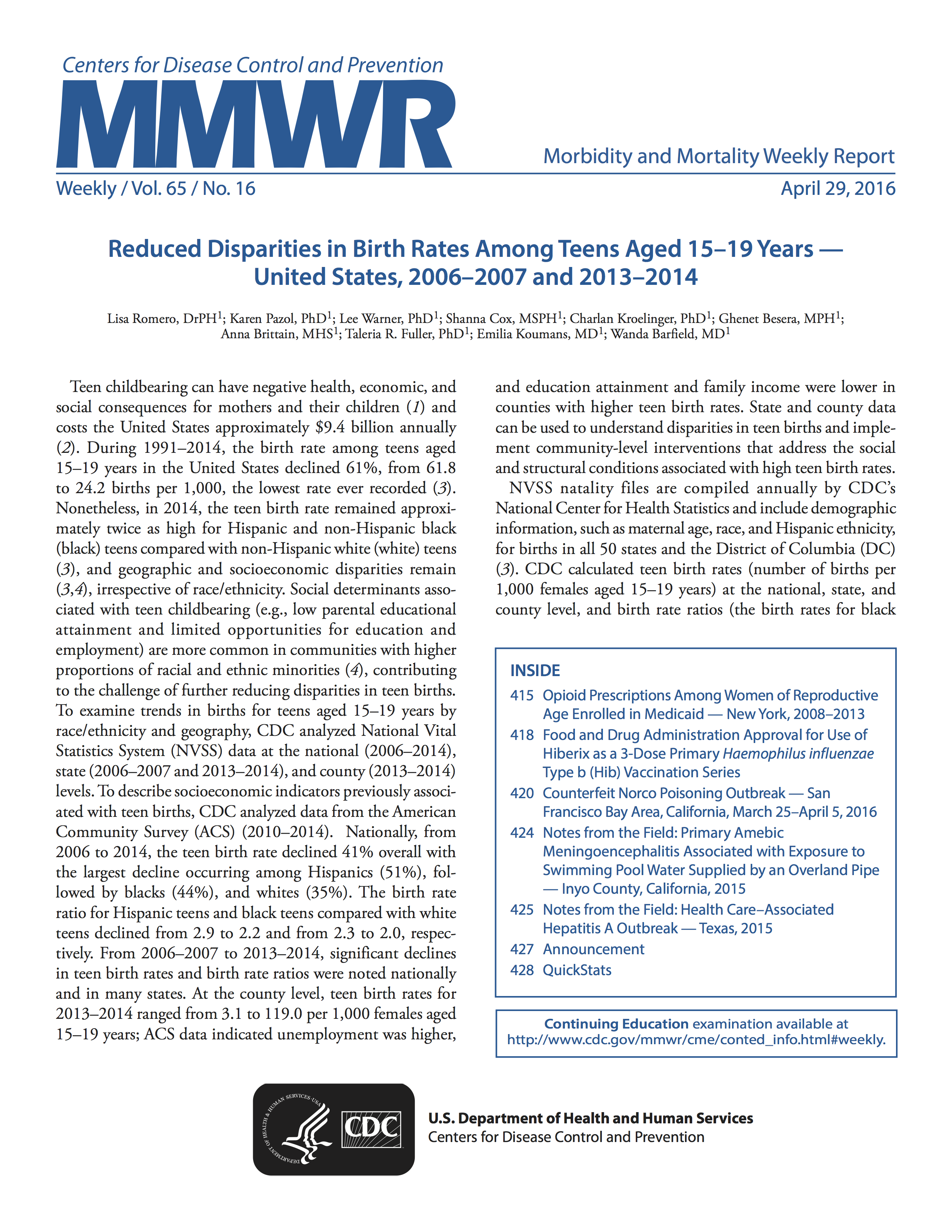 First page of resource on reduced disparities in teen birth rates