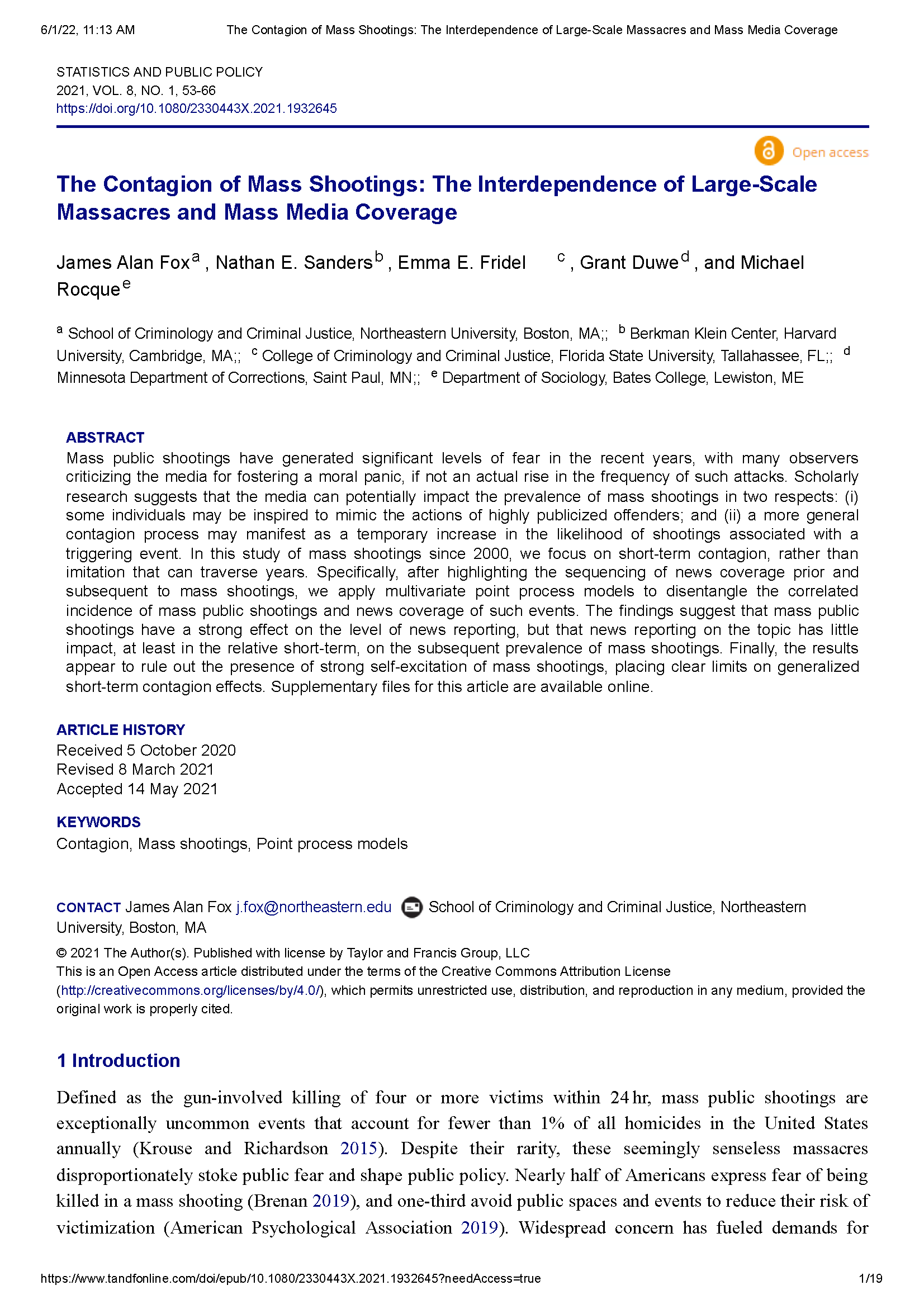 PDF Cover page: The Contagion of Mass Shootings: The Interdependence of Large-Scale Massacres and Mass Media Coverage