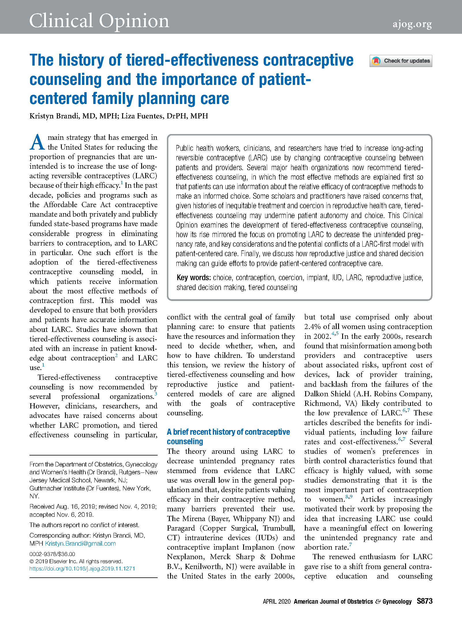 PDF Cover: The History of Tiered-Effectiveness Contraceptive Counseling and the Importance of Patient-Centered Family Planning Care