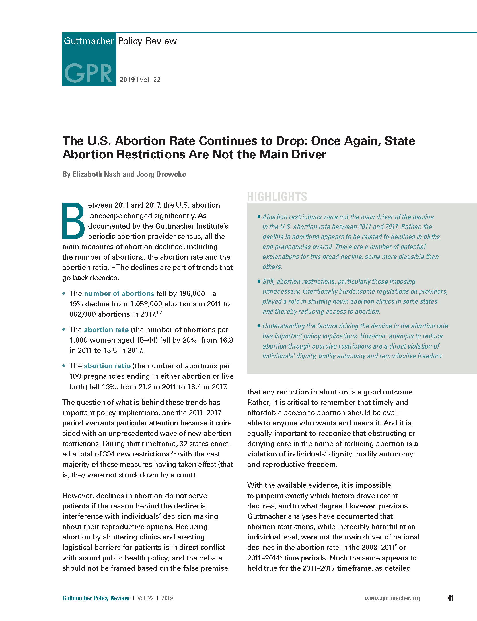 PDF Cover Page: The U.S. Abortion Rate Continues to Drop: Once Again, State Abortion Restrictions Are Not the Main Driver