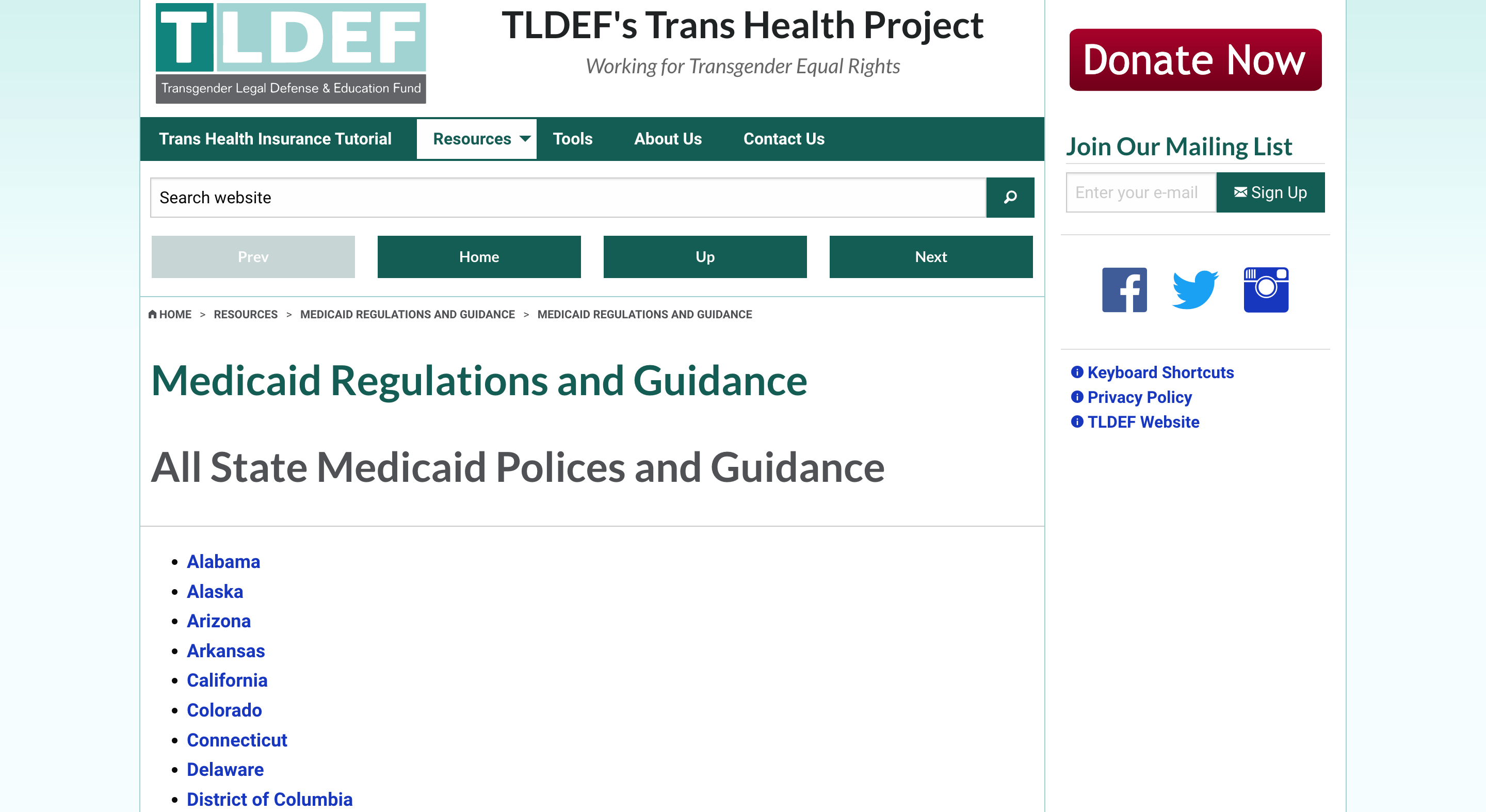 Screen capture of Trans Health Project - Medicaid Regulations And Guidance