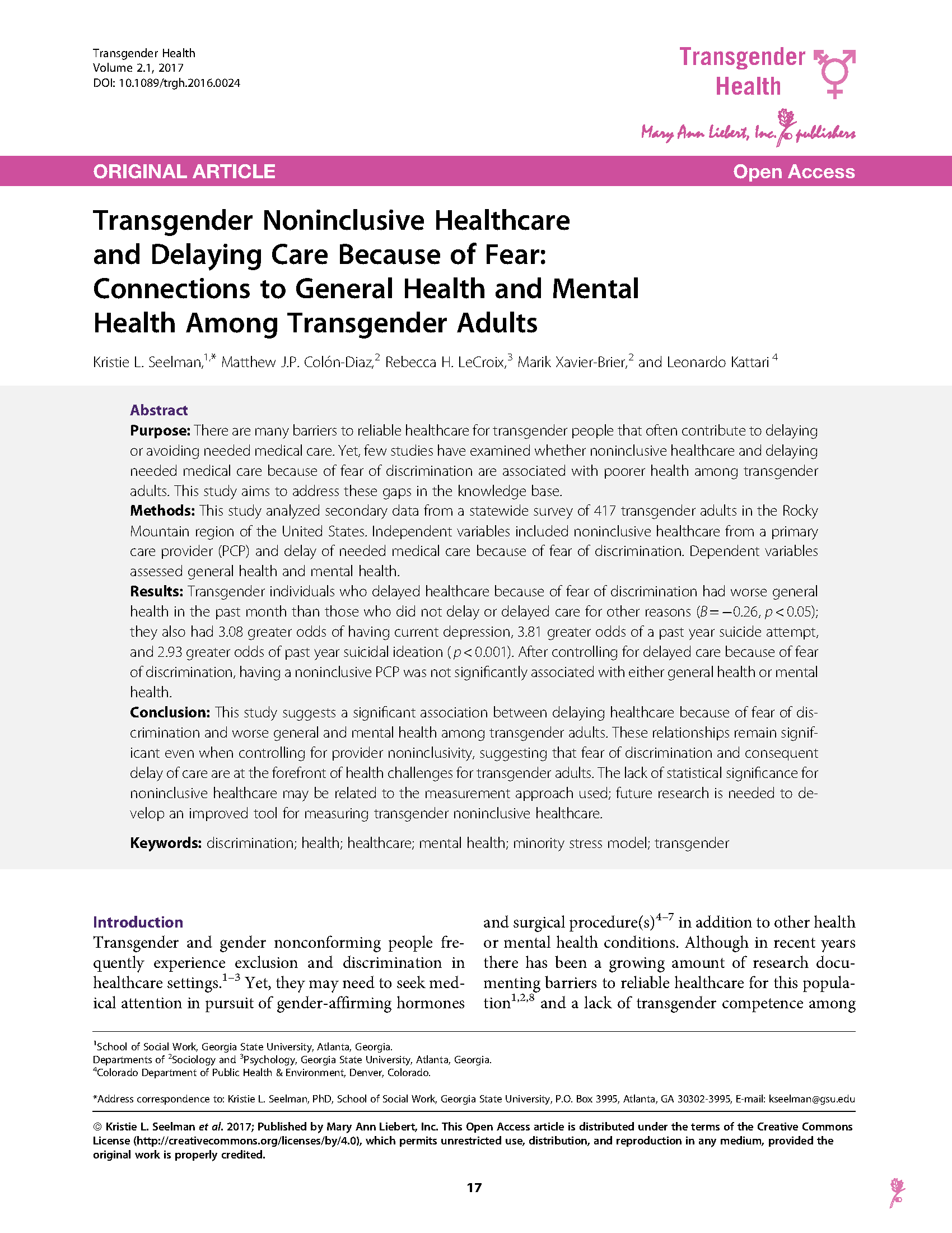 Cover of PDF Report: Transgender Noninclusive Healthcare and Delaying Care Because of Fear