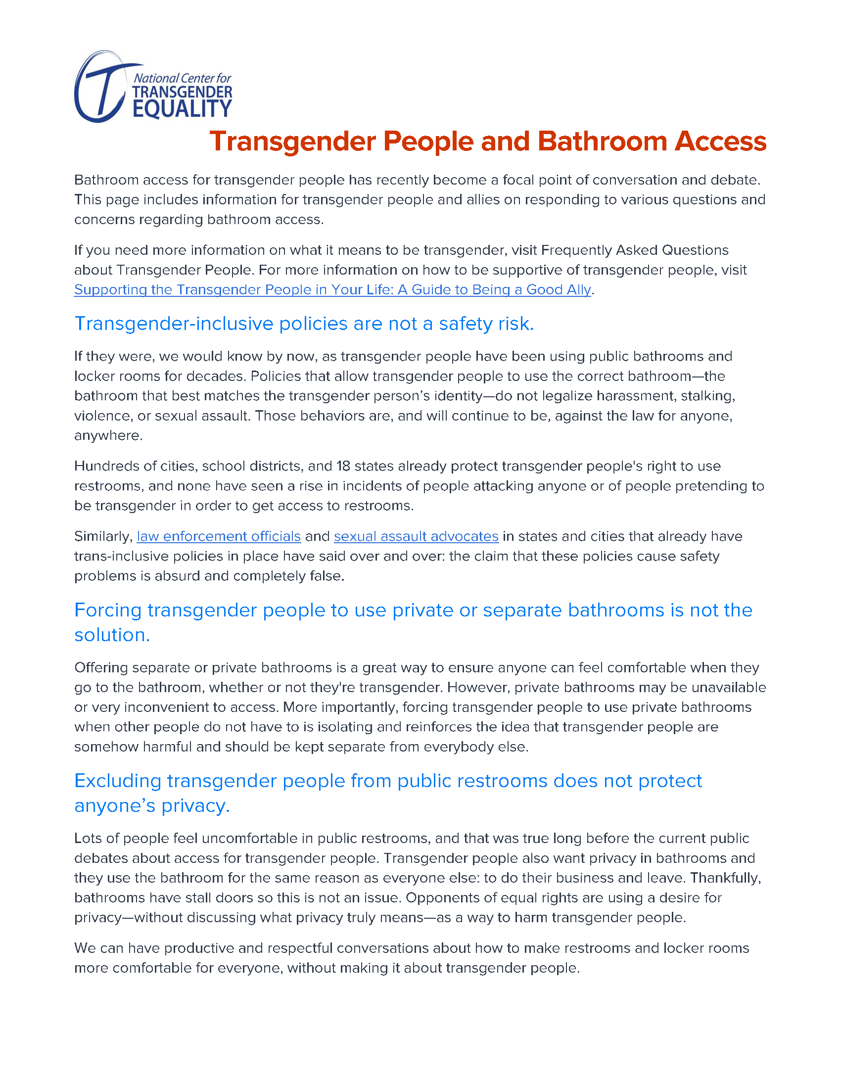 Screenshot of PDF Fact Sheet Cover: Transgender People and Bathroom Access