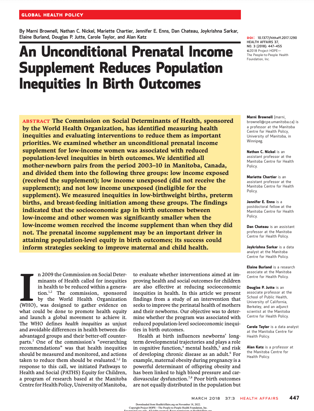 First page of An Unconditional Prenatal Income Supplement Reduces Population Inequities In Birth Outcomes