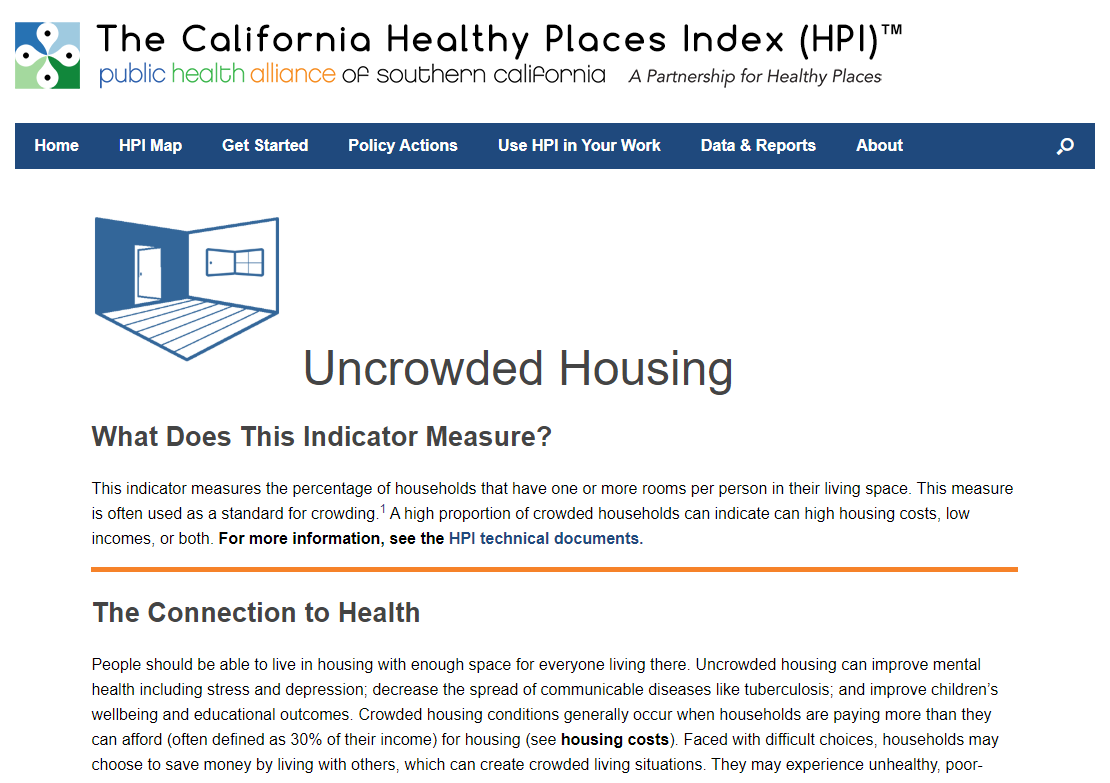 Webpage for Healthy Places Index Policy Guide - Uncrowded Housing