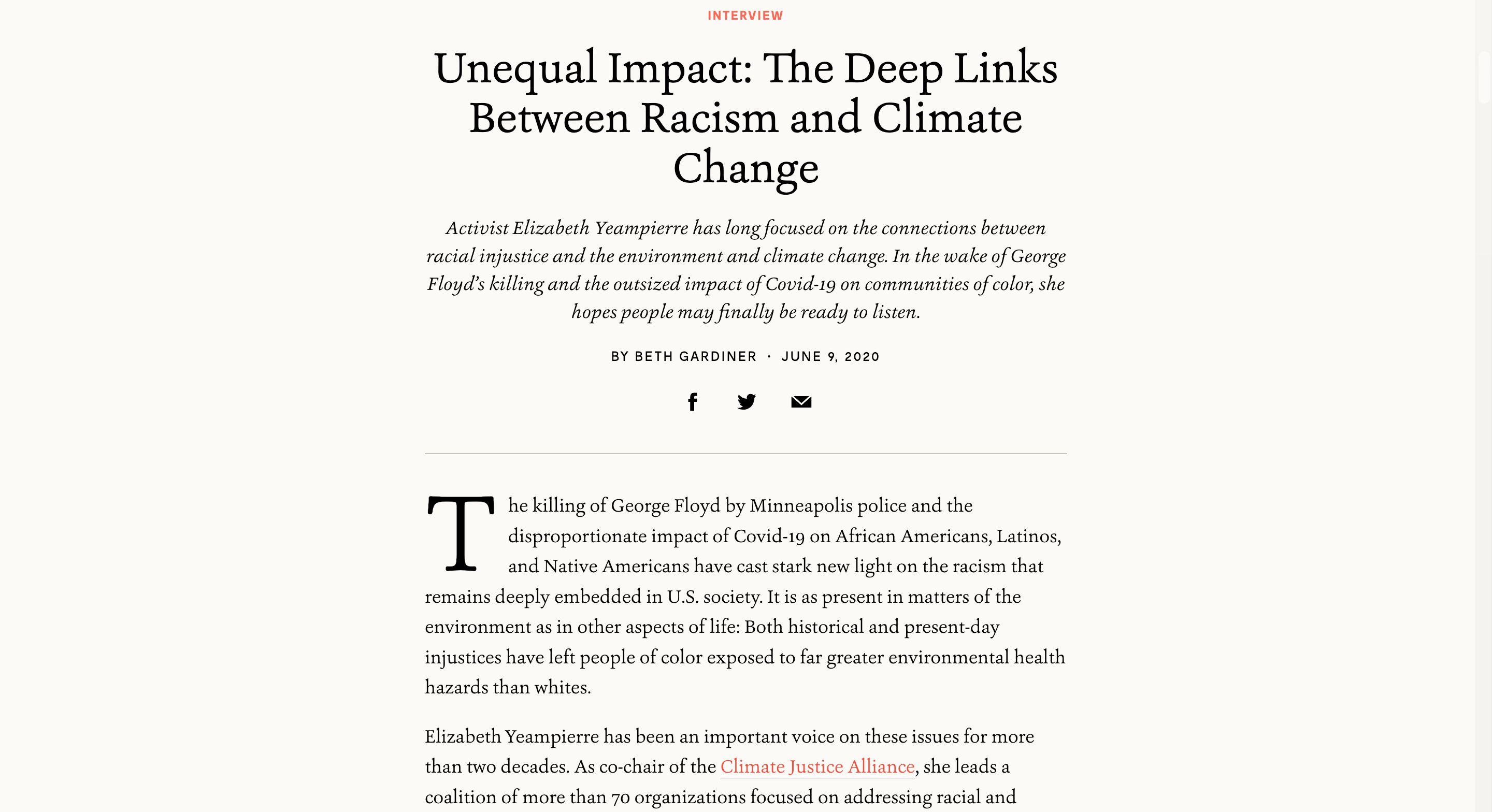 Screen capture of Unequal Impact: The Deep Links Between Racism and Climate Change article