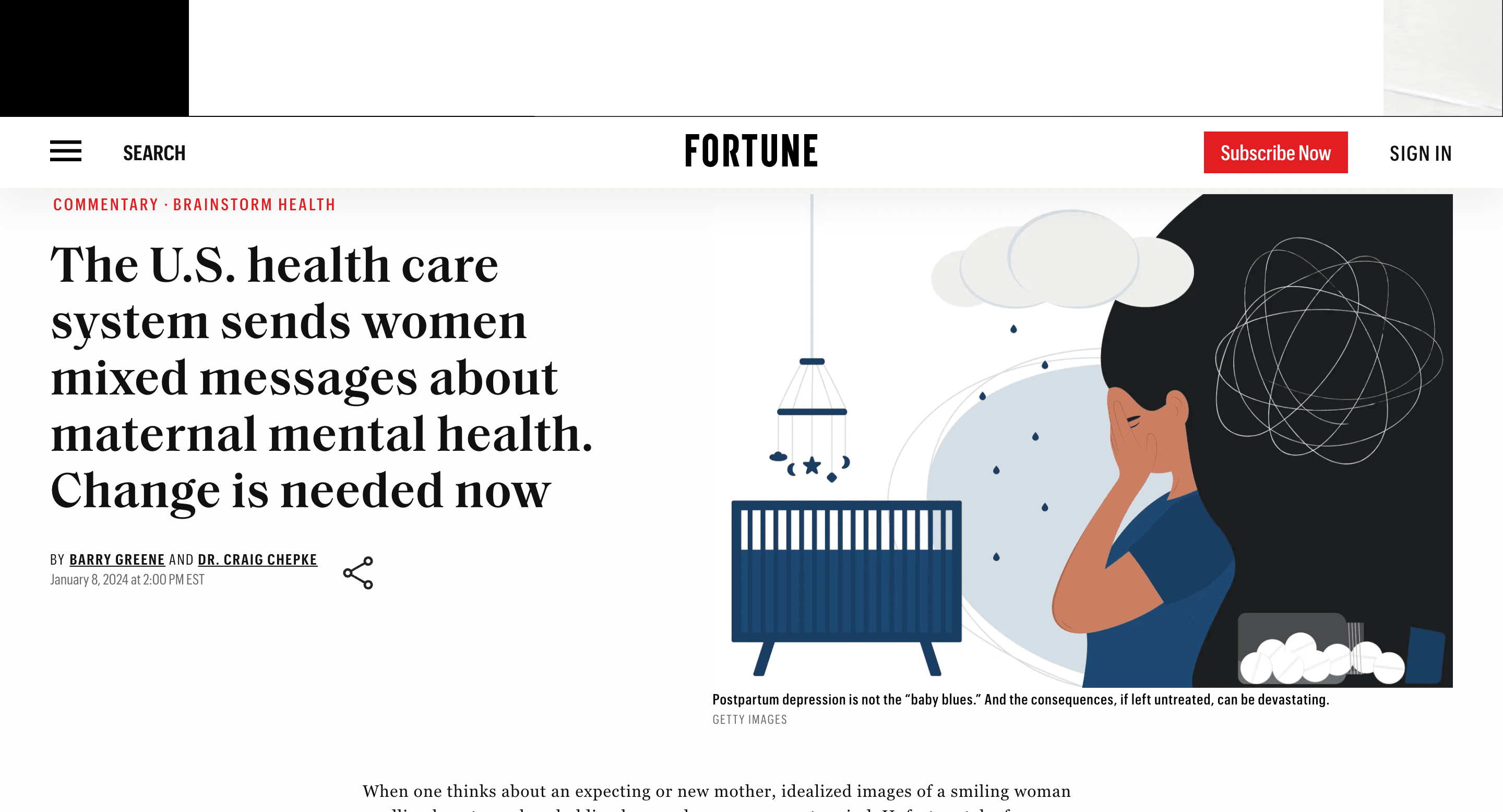 Screen capture of The U.S. Health Care System Sends Women Mixed Messages About Maternal Mental Health. Change Is Needed Now. article
