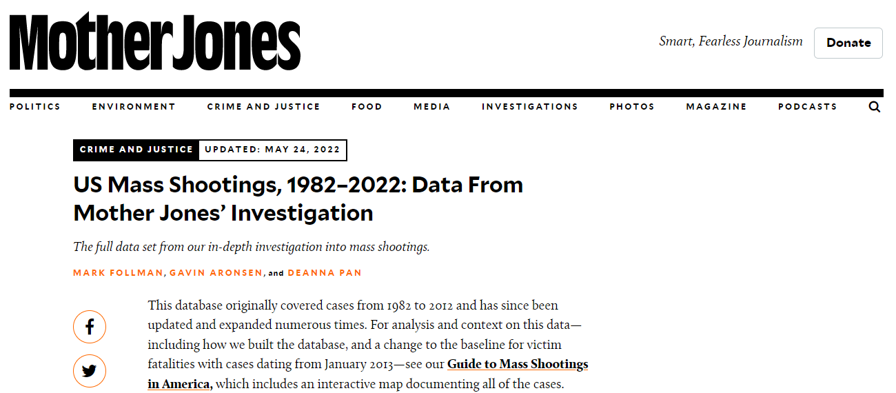 Screen shot of top of article: US Mass Shootings, 1982-2022