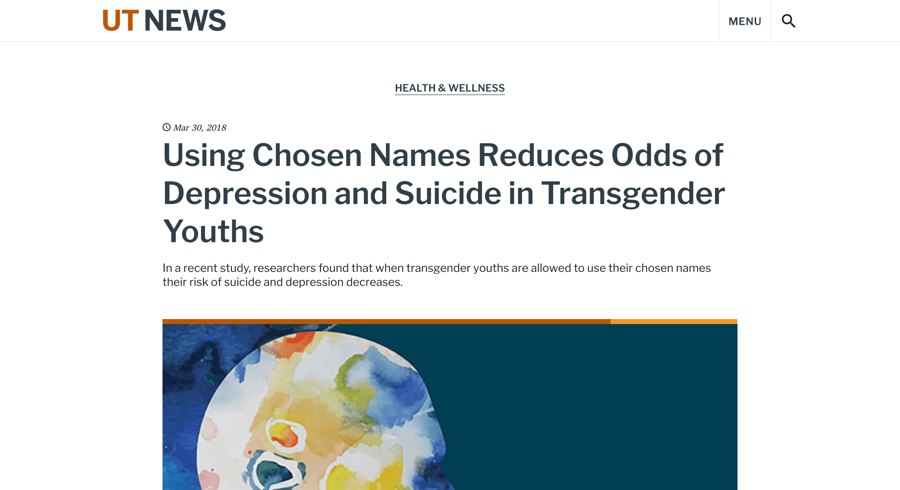 Screen capture of Using Chosen Names Reduces Odds of Depression and Suicide in Transgender Youths