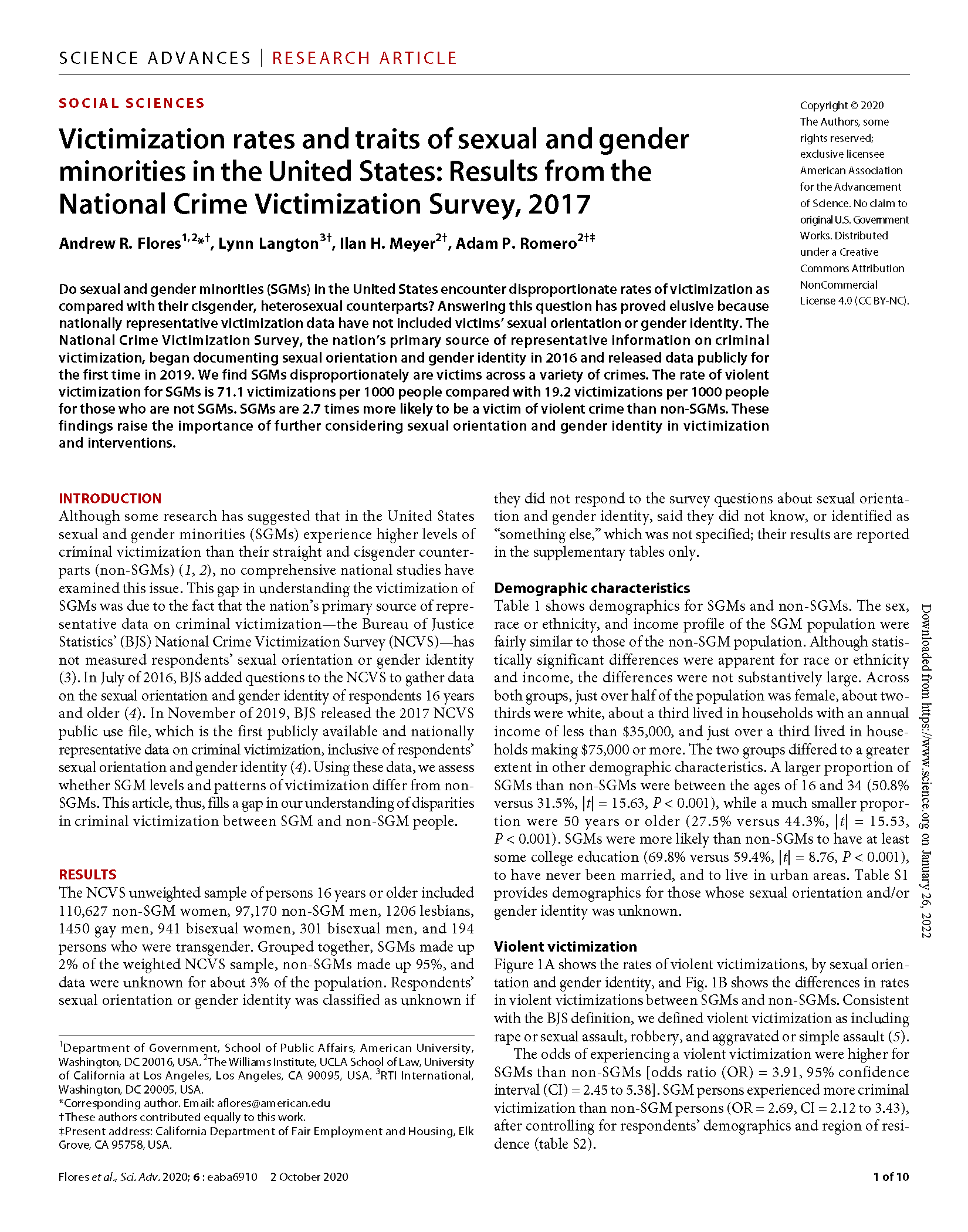 Cover of PDF Report: Victimization rates and traits of sexual and gender minorities in the United States: Results from the National Crime Victimization Survey
