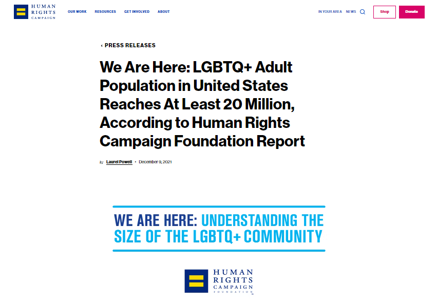 Screenshot of article cover: We Are Here: LGBTQ+ Adult Population in United States Reaches At Least 20 Million