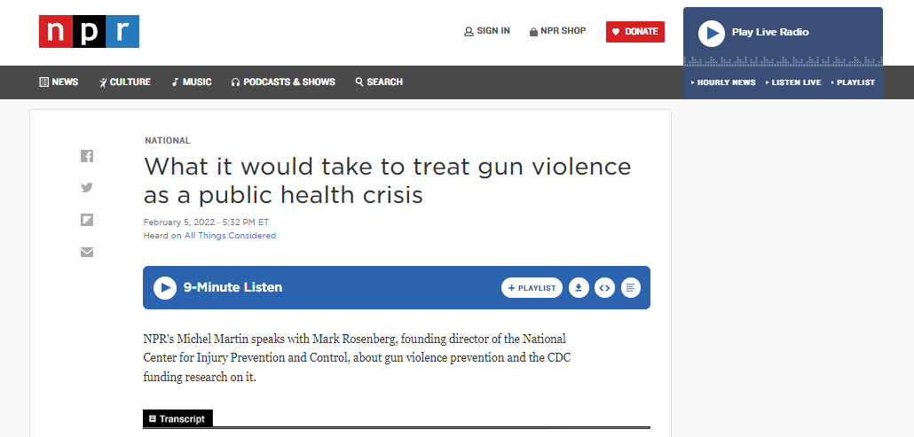 Screen capture of top of article: What it Would Take to Treat Gun Violence as a Public Health Crisis
