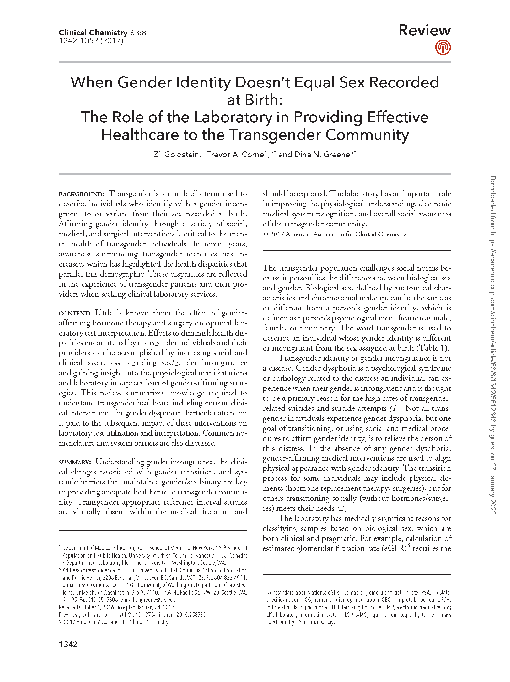 Cover of PDF Report: The Role of the Laboratory in Providing Effective Healthcare to the Transgender Community 