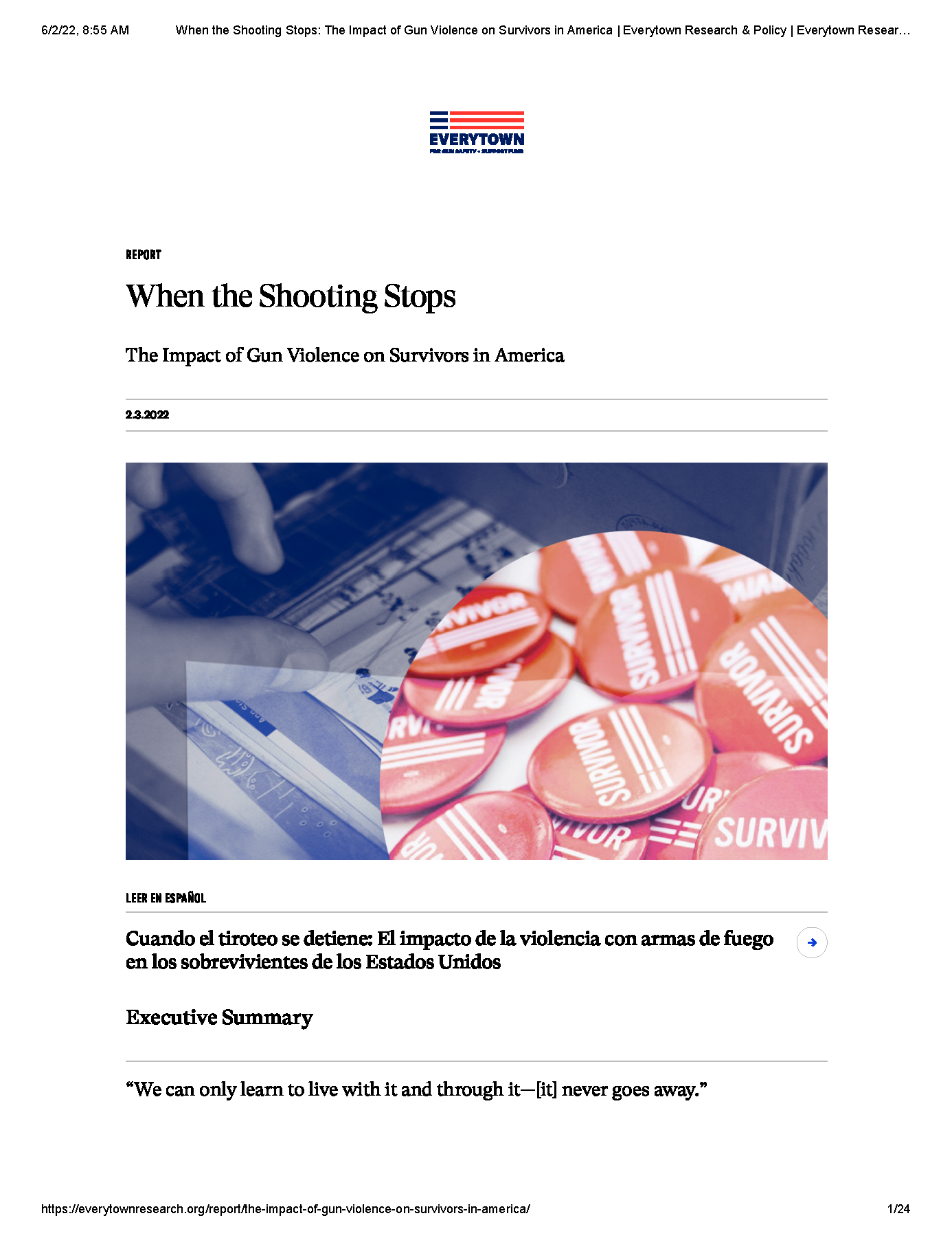 PDF Cover: When the Shooting Stops: The Impact of Gun Violence on Survivors in America