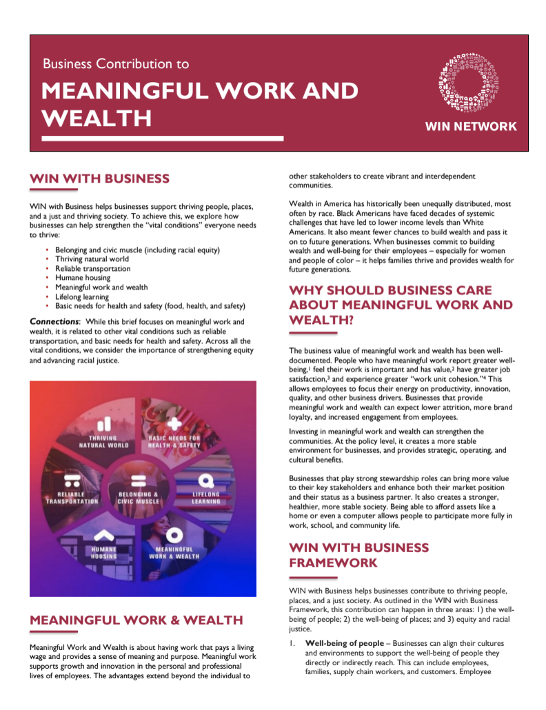 First page of The Role of Business in Supporting Meaningful Work and Wealth business brief
